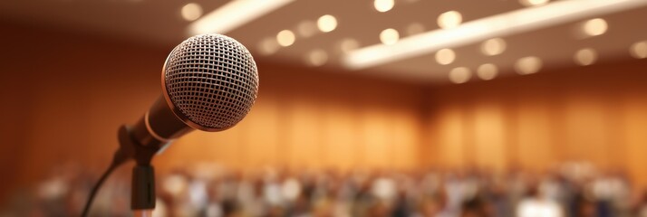 Obraz premium Microphone in Conference Hall with Dominant Copy Space