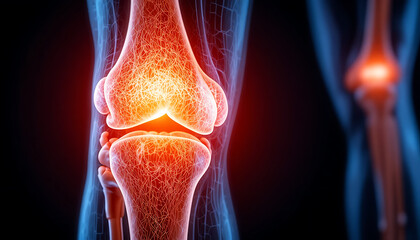 Human knee joint with highlighted pain points and inflamed areas