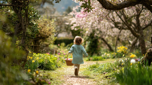 Toddler running along a sunny garden path holding an Easter basket filled with colorful eggs. Blooming trees and warm light create a joyful spring holiday scene.