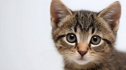 Obraz premium A close up portrait of a curious tabby kitten with large green eyes against a soft clean light background