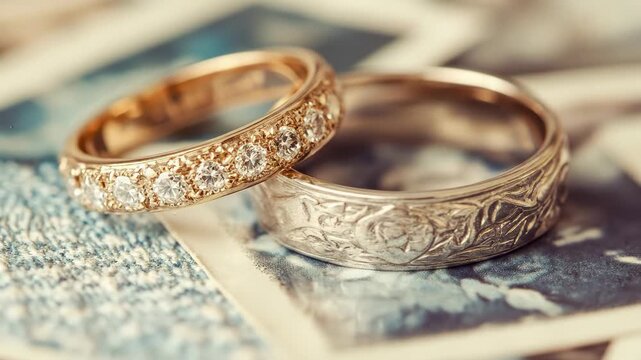 Vintage golden diamond ring and engraved silver wedding band elegantly placed on old faded paper cards, symbolizing eternal commitment and cherished romantic memories.