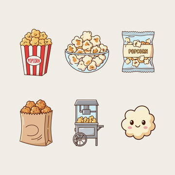 Collection of popcorn illustrations including red striped bucket glass bowl snack bag vending machine cart and cute character mascot for cinema movie theater and carnival snack food graphic design