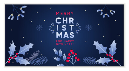 Fototapeta premium Merry Christmas Greeting card design template with branches and florals in deep blue. Merry Christmas and Happy New Year. Vector illustration.