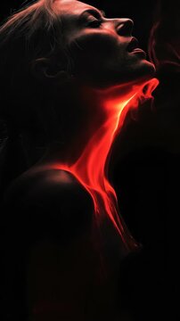 Throat pain and inflammation, symbolizing tonsillitis or thyroid disease, with a glowing red hue emphasizing discomfort and medical condition.