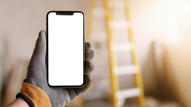 Smartphone Mockup in Construction Workshop with Blank Screen and Copy Space
