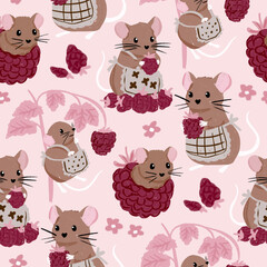 Cotton fabric Whimsical seamless pattern featuring cute mice in aprons with pink raspberries and flowers on light brown background for textile and wallpaper and nursery wrapping paper