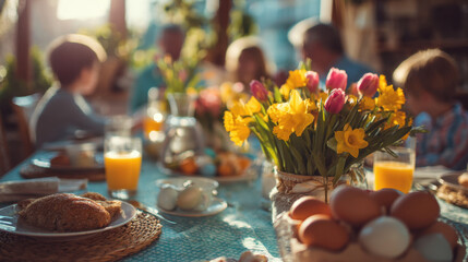 Fototapeta premium Bright Easter breakfast table filled with fresh flowers, eggs, pastries, and orange juice. Warm morning sunlight creates a cozy family atmosphere as loved ones gather together to celebrate spring.