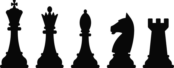 Set of black silhouettes featuring classic chess pieces, strategy game icons for competition, and intellectual challenge © Majnur