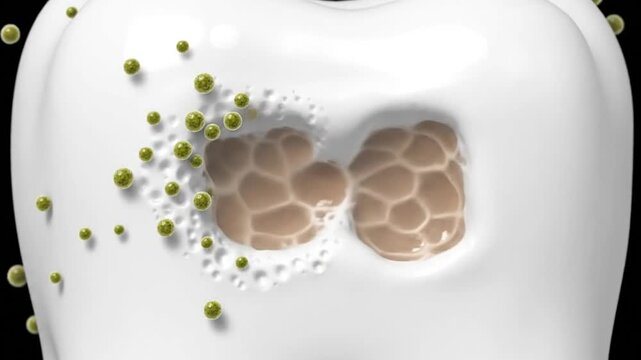 Compelling 3D illustration revealing the damaging effect of bacteria on dental enamel, showcasing the process of cavity formation and the progression of tooth decay