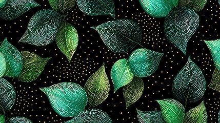 A vibrant pattern of green leaves on a black background with yellow dots