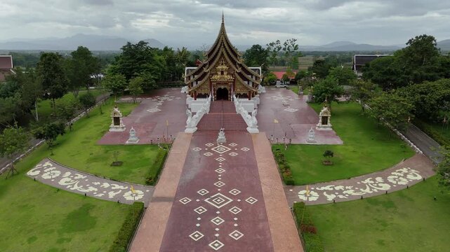 Aerial view of beautiful Viharn in Wat Wiang Kaew temple in Chiang Saen district in Chiang Rai province of Thailand.