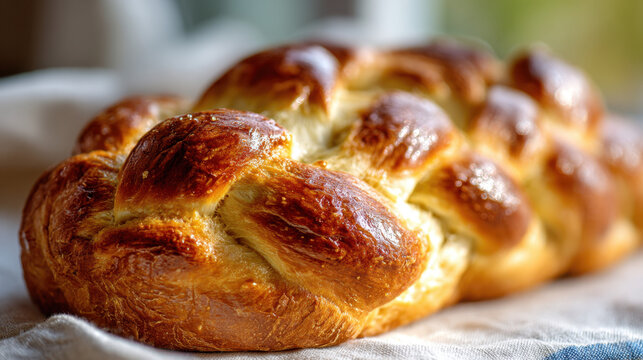 Close-up of freshly baked braided Easter bread resting on a linen cloth. The glossy golden crust and soft airy texture highlight traditional homemade holiday baking.