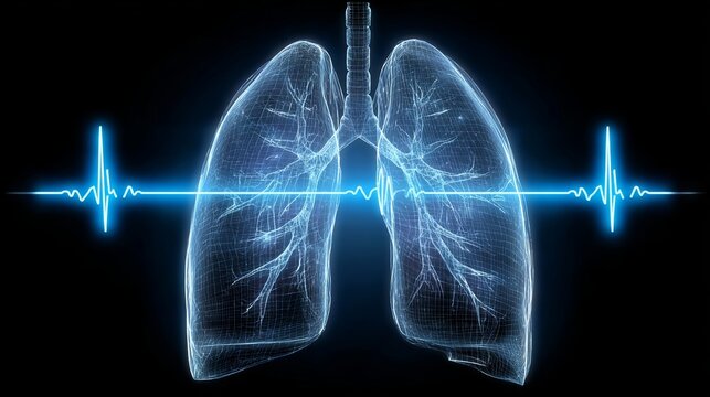 A clear lung diagram superimposed on an ECG line showing cardiovascular risk arising from respiratory problems and cardiopulmonary interplay