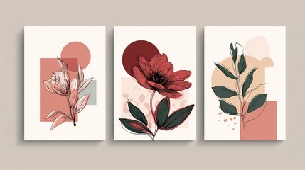 A set of three abstract floral art prints on a beige background