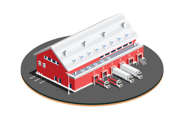 Isometric Distribution Logistic Center. Warehouse Storage Facilities with Trucks Isolated on White Background. Illustration. Loading Discharging Terminal.