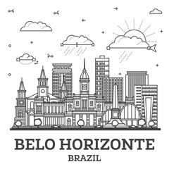 Outline Belo Horizonte Brazil city skyline with modern and historic buildings isolated on white. Illustration. Belo Horizonte cityscape with landmarks.