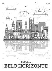 Outline Belo Horizonte Brazil city skyline with modern, historic buildings and reflections isolated on white. Illustration. Belo Horizonte cityscape with landmarks.