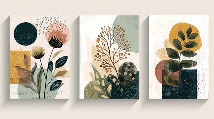 Three abstract floral paintings on a beige wall with modern decor