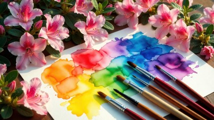 Fototapeta premium Vibrant watercolor palette and brushes with pink azalea flowers in natural light.