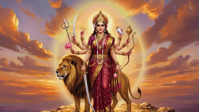 Vibrant digital illustration of goddess durga with multiple arms, accompanied by her lion against a dramatic golden sunset sky.