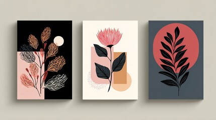 Three modern art canvases with floral designs on a wall