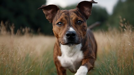 A brindle and white dog in motion running forward through a tall grass field with a blurred natural background
