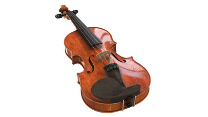 3D render of a classical wooden violin on a clean white surface, showing warm varnish, elegant curves and detailed craftsmanship in a simple studio-style setup. © FraP 2D
