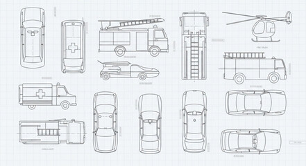 Detailed blueprint illustrations of various emergency service vehicles and equipment. © Novi