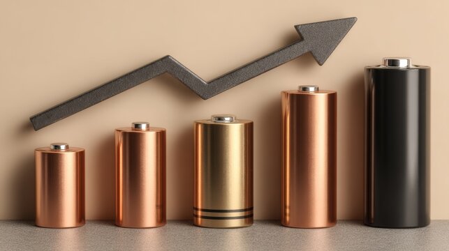 Row of metallic battery cells featuring a glowing charge indicator that forms an upward arrow, illustrating energy storage growth and capacity increase