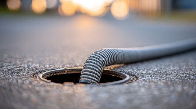 The flexible hose inserted into a manhole serves trenchless pipe relining, representing sewer repair and no‑dig pipeline restoration