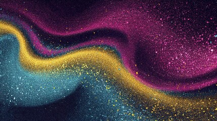 A vibrant abstract artwork featuring swirling colors and glittering textures