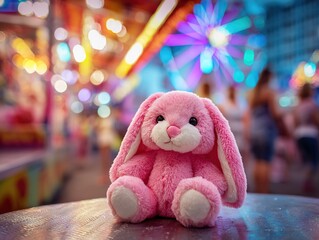 A pink stuffed bunny sits on a table at a colorful carnival