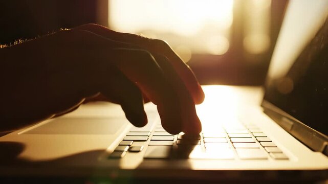 Close-up of hands typing on a laptop keyboard with warm golden backlight