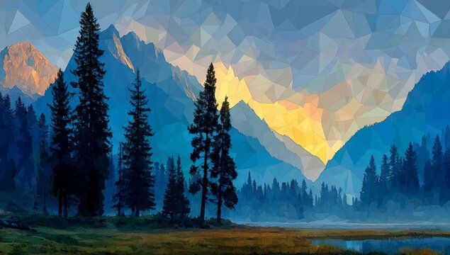 Geometric woodland with trees and a mountain backdrop composed of polygons