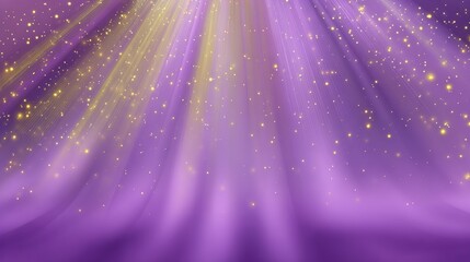 A vibrant purple background with golden light rays and sparkles
