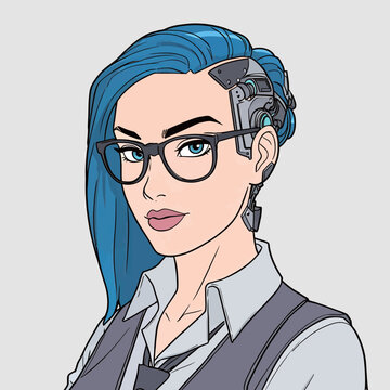 A robot woman with blue hair wears glasses and a shirt with a tie. She poses confidently in front of a plain background.