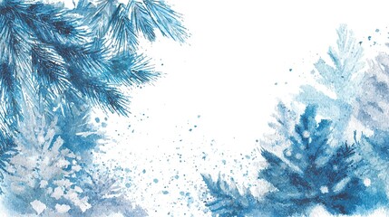 A watercolor painting of blue pine branches on a white background