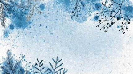 A serene winter scene with blue and white hues and pine branches