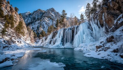 Obraz premium The calm cascade descends down the icy canyon, winter wonderland scene
