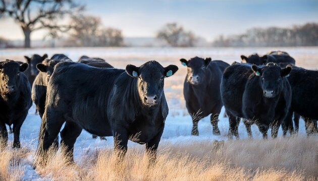 Black Angus Cattle In Texas Ranch Field During Winter Season Cow Herd