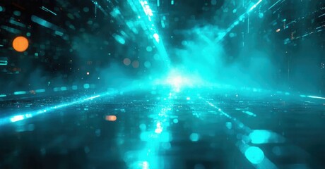 Fototapeta premium Futuristic cityscape glows. Bright lights streak across dark space, creating intense visual effect. Energy radiates outward.