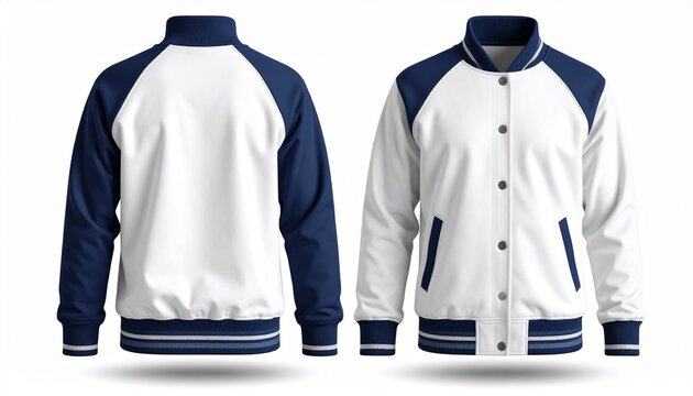Varsity jacket mockup displayed from front and back views with soft shadow, catalog style presentation