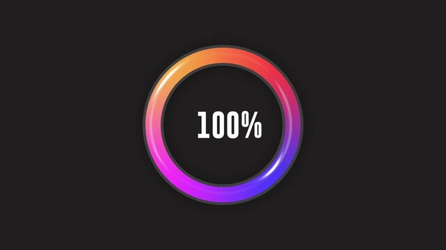 Loading indicator Progress bar 100%.Neon color, black background Percentage meter. UI, hundred percent User interface loading symbol. Download process. Circle icons set, loading circle download.	