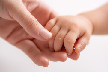Fototapeta premium close-up of a baby's hand holding a parent's hand, against a white background