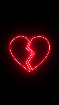 love crisis abstract background,Animation icon of a broken neon red heart 4k on black background. Broken heart animation. Concept of unrequited love broken heart neon sign Emoji heart beat and broken 