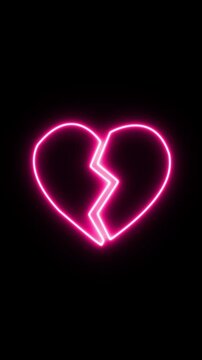 love crisis abstract background,Animation icon of a broken neon red heart 4k on black background. Broken heart animation. Concept of unrequited love broken heart neon sign Emoji heart beat and broken 