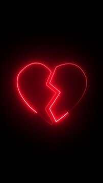 romantic heartbreak visual loop,love crisis abstract background,Animation icon of a broken neon red heart 4k on black background. Broken heart animation. Concept of unrequited love broken heart neon 