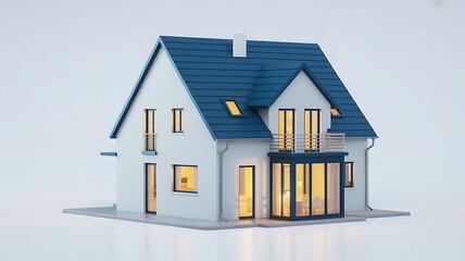 Fototapeta premium Modern family house with blue roof and illuminated windows at dusk