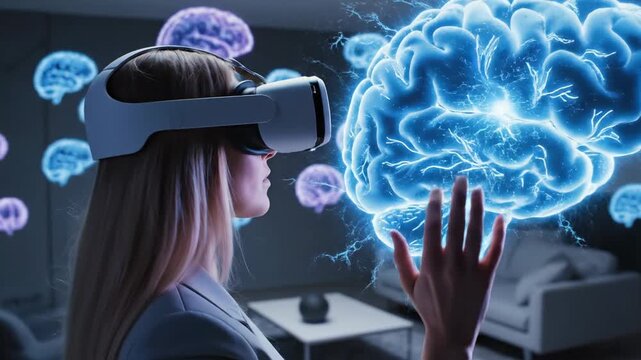 Woman Experiencing Virtual Reality With Floating Blue And Purple Brains In Futuristic Room