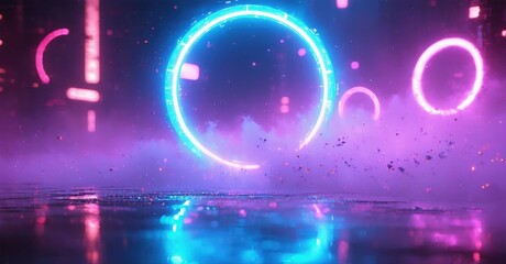Obraz premium Futuristic scene. Glowing rings float above reflective surface. Purple, blue hues dominate composition. Mysterious, digital atmosphere.